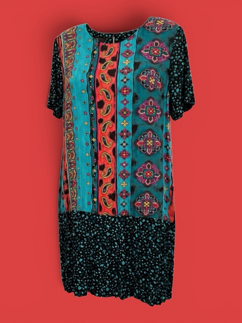 Vintage Bohemian Style Carole Little Teal, Black & Red Boho Stripe Floral Tunic